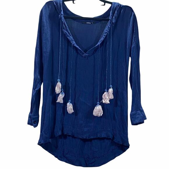 Zaful Navy Blue Distressed Semi-Sheer Boho Top Tunic Shirt Tassels Size Large - Picture 1 of 11